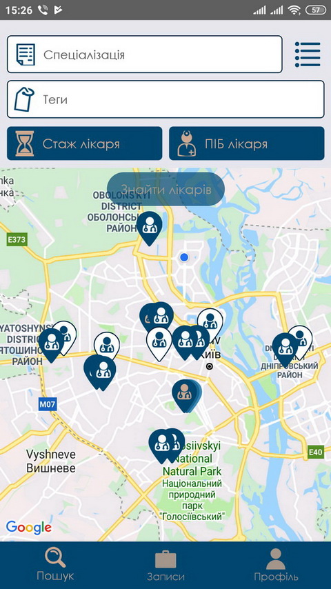 Интерфейс бесплатного мобильного приложения «Поиск врача»