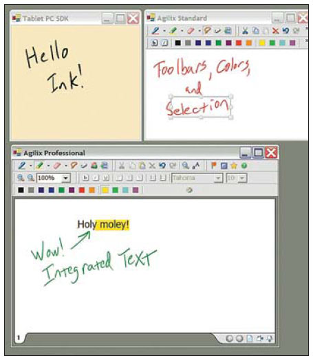 InfiNotes расширяет стандартные возможности Tablet PC SDK: сравните работу трех элементов управления — InkPicture (Development Kit), NoteBox и ScribbleBox (InfiNotes)