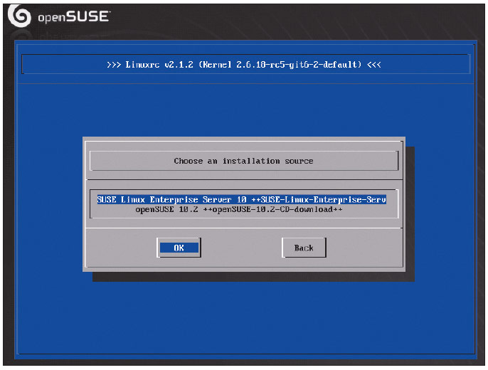 Нам очень понравилась функция инсталляции SLES 10, позволяющая легко преобразовать комплект установочных ISO-образов любого дистрибутива SUSE (на рисунке — альфа-версия OpenSUSE 10.2) в доступный через сеть шаблон установки, обнаруживающий свое присутствие посредством SLP (Service Location Protocol)