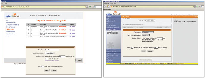 Слева: AsteriskNow поставляется с шаблонными правилами вызовов, которые не привязаны к конкретным каналам. Мы могли редактировать эти правила по собственному усмотрению. Справа: мы могли задавать правила вызовов из мастера, но для некоторых операций, например для присоединения цифр к началу вызываемого номера, нужно было использовать основной интерфейс