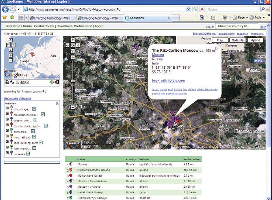 В проекте GeoNames технологии семантического веба используются для создания географического информационного ресурса