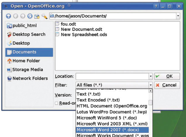 OpenOffice.org в комплектах поставки OpenSUSE и Ubuntu поддерживает формат Microsoft OOXML (Office Open XML). Аналогичный пакет в составе Fedora такой возможности не имеет