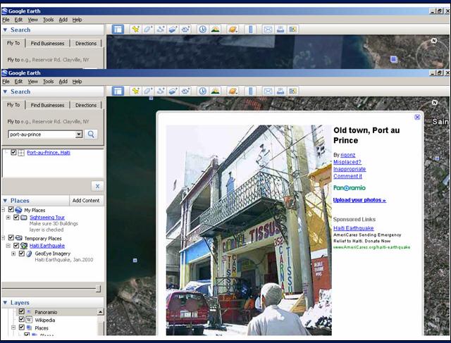 Приложение Google Earth содержит фотографии, которые относятся к периоду до землетрясения на Гаити. Вероятно, будущие обновления уже будут содержать фото с последствиями землетрясения
